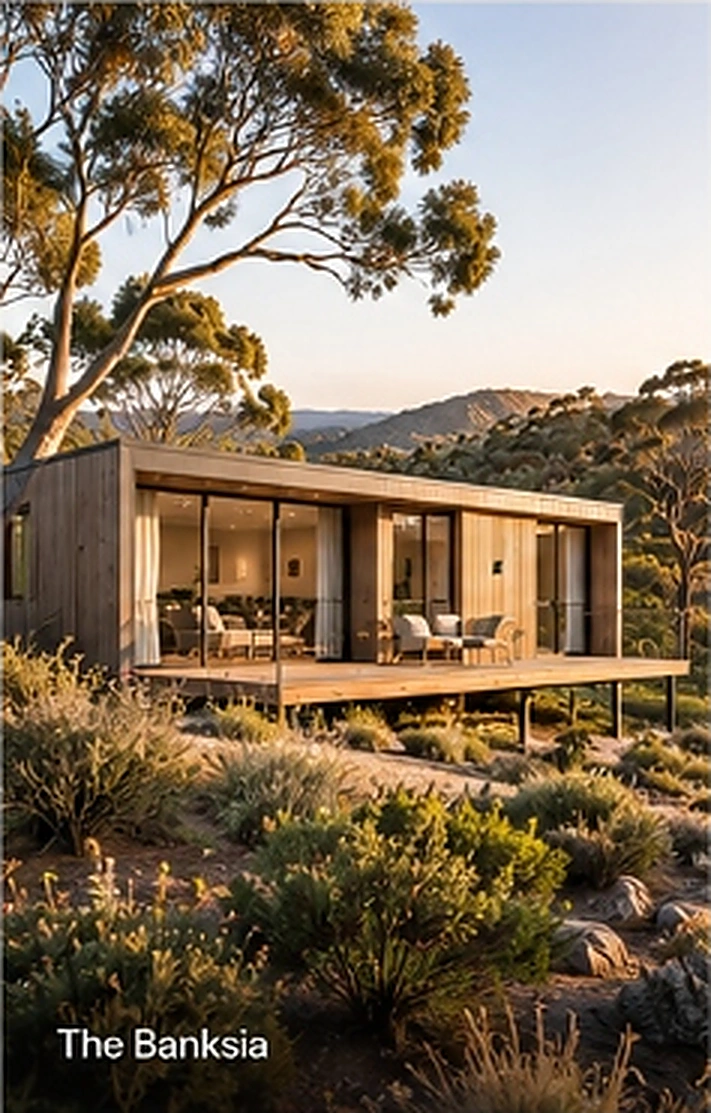 The Banksia - Installed modular home with deck on hillside
