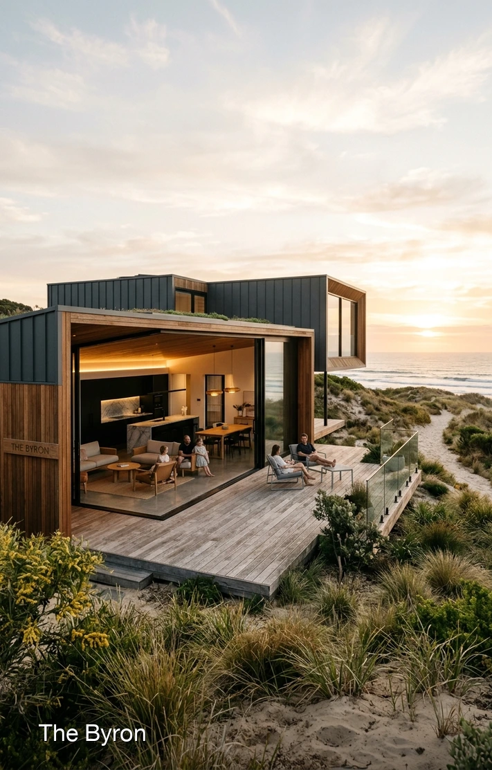 The Byron - Coastal modular pavilion nestled in sand dunes at sunset