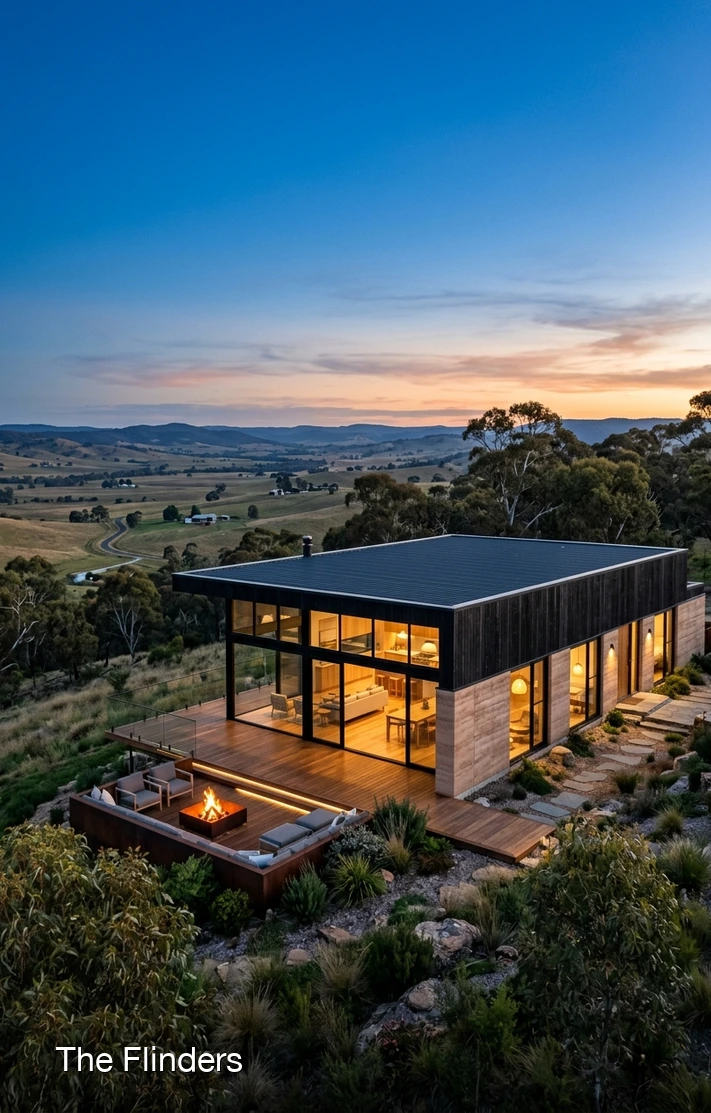 The Flinders - Countryside modular homestead with outdoor fire pit at dusk