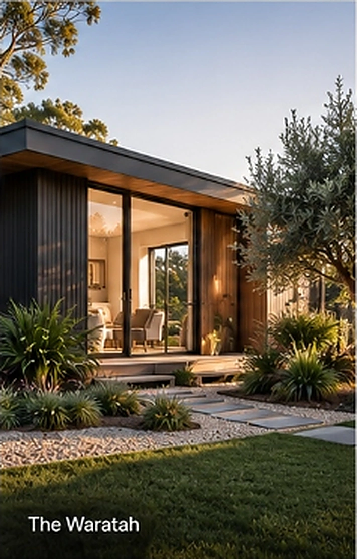 The Waratah - Contemporary dark timber modular home with landscaped garden