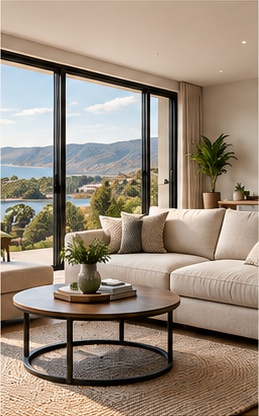 Light-filled living room with lake views
